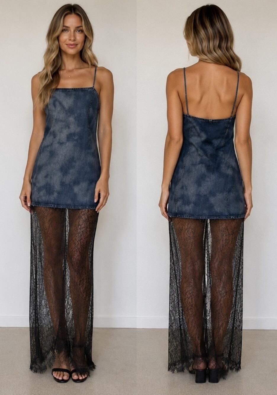 NWT Zara Denim Lace Maxi Dress Sheer Dark Gray Lace Overlay and Blue Denim SizeS